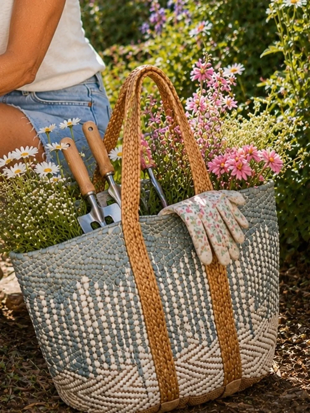 POL Woven Straw Tote Bag in Light Blue and Natural